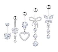 BKEPDY 5 Pezzi Piercing Ombelico Cuore Farfalla Elementi Floreali Acciaio Inossidabile Piercing Ombelico Ipoallergenico Lungo Barbell Set per Le Donne