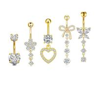 BKEPDY 5 Pezzi Piercing Ombelico Cuore Farfalla Elementi Floreali Acciaio Inossidabile Piercing Ombelico Ipoallergenico Lungo Barbell Set per Le Donne