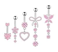 BKEPDY 5 Pezzi Piercing Ombelico Cuore Farfalla Elementi Floreali Acciaio Inossidabile Piercing Ombelico Ipoallergenico Lungo Barbell Set per Le Donne