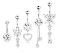 BKEPDY 5 Pezzi Piercing Ombelico Gioielli con Ciondolo Acciaio Inossidabile Lungo Ombelico Barbell Ventre Anello Ipoallergenico Piercing Gioielli per Donna