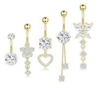 BKEPDY 5 Pezzi Piercing Ombelico Gioielli con Ciondolo Acciaio Inossidabile Lungo Ombelico Barbell Ventre Anello Ipoallergenico Piercing Gioielli per Donna