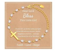 BKEPDY Bracciale con Croce per Comunione Braccialetto di Perle Regolabile per Donna Bambina Ideale per Battesimo Prima Comunione Cresima e Confermazione