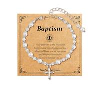 BKEPDY Bracciale Donna Braccialetto Perle con Croce Bracciali Battesimo Prima Comunione Gioielli Religiosi Regali per Bambini Ragazze Bracciale Rigido Acciaio Inossidabile (B)