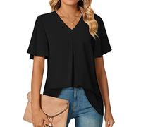BKEPDY Camicia Donna Maglietta Chiffon Maniche Corte Camicetta con Scollo a V Elegante Traspirante Tops Blusa Estivi di Colore Puro Manica Casual Top T Shirt (Nero S)