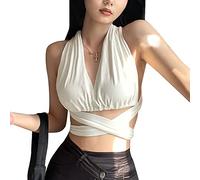 BKEPDY Canotte Donna Estive Tank Top Halter Crop Canotta Maglietta Elegante Scollo a V Incrociato Abbigliamento Estivo Magliette Senza Maniche Cotone Morbido T Shirt Casual Cerimonia
