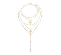 BKEPDY Collana Donna Collane Multistrato Perle Croce Cuore Pendente Collana Lunga Donna Girocollo Argento Elegante Gioielli Alla Moda(Oro)