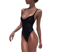 BKEPDY Costume Intero Donna Sexy Costume Intero con Controllo della Pancia Costumi da Bagno Donna con Scollo a V Profondo con Spalline Regolabili Senza Schienale Bodysuit Nuoto (Nero XL)