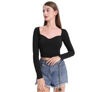 BKEPDY Donna Maglietta a Maniche Lunghe Crop Top Sexy Basic Top Scollo a V Moda Elasticizzato Slim T-Shirt Moda Casual per Primavera Autuno Crop Top Streetwear