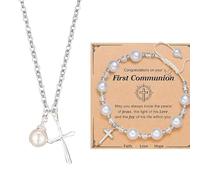 BKEPDY Gioielli Donna Prima Comunione Set di Bracciale e Collana con Croce e Perla Parure Gioielli Donna Argento Regalo Bambina Cerimonia Religiosa