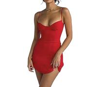 BKEPDY Mini Abito Sexy Vestiti Donna Estivi Corti Vestito Donna Spaghetti Strap Abiti da Abito Elegante Donna Senza Maniche Vestiti Donna Eleganti a Party Cocktail Clubwear(Rosso L)