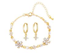 BKEPDY Orecchini Zircone Bracciale con fiori Ciliegio per donna Bracciale Donna Premium Diamante Fresco Design Bracciale Fiore Adatto per i Regali di Festa Le Fidanzate(Bianco)