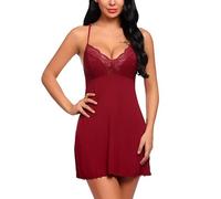 BKEPDY Pigiama Sexydonna Sottoveste Camicia da Notte con Scollo a V Decorato con Pizzo Abito da Notte Elegante Vestito da Notte Confortevole Abbigliamento Notturno Sottile con Spalline Regolabili