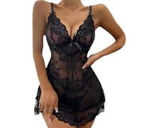 BKEPDY Pigiama Sexydonna Sottoveste in Pizzo Trasparente Babydoll con Fiocchi Decorativi Camicia da Notte Elegante Abbigliamento Notturno Hot Indumenti da Notte Vestito Corto