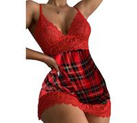BKEPDY Pigiama Sexydonna Sottoveste Scozzese con Pizzo Scollo a V Babydoll Camicia da Notte Elegante Abito da Notte Vestito Corto Hot Intimo Abbigliamento Notte