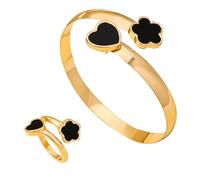BKEPDY Set di Gioielli Donna Bracciale e Anello a Forma di Cuore e Fiore Parure Gioielli Donna Elegante Bigiotteria Regolabile Accessori Moda Italiana Idee Regalo Compleanno Anniversario (Nero)