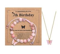BKEPDY Set di Gioielli Rosa per Ragazza 7-10 Anni Bracciale Regolabile in Pietra Pink Zebra Jaspis e Collana con Farfalla Idea Regalo di Compleanno (7th)