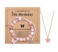 BKEPDY Set di Gioielli Rosa per Ragazza 7-10 Anni Bracciale Regolabile in Pietra Pink Zebra Jaspis e Collana con Farfalla Idea Regalo di Compleanno (8th)