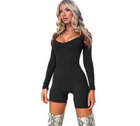 BKEPDY Tuta Intera Corta Donna con Scollo a U Tutina Donna Aderente Sexy Jumpsuit Sportiva Tuta a Manica Lunga Completo Bodysuit per Fitness Yoga Clubwear Jogging