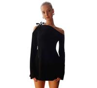 BKEPDY Vestito Donna Corto Monospalla Mini Abito Sexy Maniche Lunghe Elegante Abiti Autunnali Nero da Sera Casual Discoteca Aderente Dress Miniabiti Cocktail Party