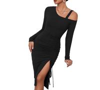 BKEPDY Vestito Donna Sexy Monospalla Miniabito Maniche Lunghe a Costine Bodycon Elegante Nero Da Sera Corto Tinta Unita Club Festa Cocktail