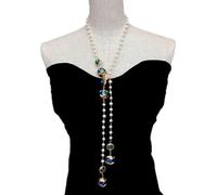 BKGWCSOR 6-7mm Freshwater Cultured White Pearl Rosary Chain 16mm Blue Glass Long Necklace 38" Jewelry For Women Girls