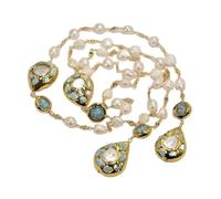 BKGWCSOR Collana lunga a catena con rosario in vetro di Murano coltivato con perle di riso bianco coltivato Larimar blu