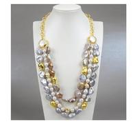 BKGWCSOR Gioielli 20 '' 3 fili bianco naturale perla Keshi grigio viola moneta collana di perle Keshi pendente classico for le donne