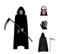 Bkrdty Costume da Mietitore 140 CM Grim Reaper Costume per Adulto Include Mantello con Cappuccio Maschera da Scheletro Scythe e Guanti da Scheletro
