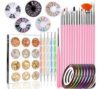 Bkrdty Nail Art Design Set 47 Pezzi Kit Nail Art 15 Nail Art Pennelli 5 Dotting Pen 10 Nastro della Striatura 5 Unghie Strass 12 Foil Nail per Unghie Arte