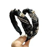 BKSYOFU - Fascia per capelli da donna con bordo largo a tre fili, treccia di perle e camelia, con strass