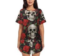 BKTRAVERPT Set pigiama estivo da donna a maniche corte con teschio e rosa rossa, morbido con bottoni, abbigliamento da notte con scollo rotondo, pigiama estivo con tasche con coulisse, Motivo stampato