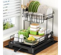 BKXCHA 2 Livelli Inox Scolapiatti da Lavello con Drenaggio Automatico, Scolapiatti da Appoggio con portabicchieri e portaposate e tappetino assorbente per piani di lavoro della cucina