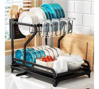 BKXCHA Scolapiatti da appoggio a 2 Livelli,Scolapiatti da Lavello in Acciaio Inox con Portabicchieri e Portautensili,Cucina con Scarico Automatico Scolapiatti da Lavello Appoggio per Piatto,Tazza