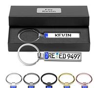 Bl4ckPrint Portachiavi personalizzato per targa a scelta con confezione regalo, mini targa con nome, incisione su entrambi i lati, per gli uomini e gli appassionati di auto, argento, 10x5cm