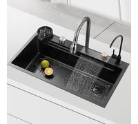 Black 304 in Acciaio Inossidabile a Cascata a Traino a Bordo Ciotola Singolo lavelli, lavello della Cucina familiare, lavello di utilità Multifunzionale 3 in 1, 72 * 45 cm