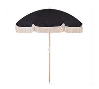 Black Beach Umbrella with Sand Anchor And Wood Rod, Outdoor 2m Sun Shade Patio Parasol, Windproof UV 50+ Heavy Duty with Fringe