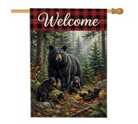 Black Bear Family - Bandiera rustica con citazione di benvenuto, 71 x 101 | Buffalo Plaid Header, Yard Flag, Forest Wildlife Theme, Rustic Cabin Decor, Woodland Animal Scene, Outdoor Yard Accents