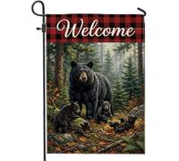 Black Bear Family - Bandiera rustica da giardino, con citazione di | Buffalo Plaid Header, Yard Flag, Forest Wildlife Theme, Rustic Cabin Decor, Woodland Animal Scene, Outdoor Yard Accents
