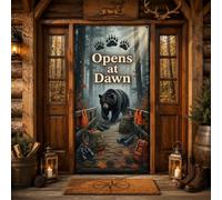 Black Bear Forest Wilderness - Copri porta rustico, 91 x 183 cm | Paesaggio della foresta, Banner per porta d'ingresso, ponte in legno rustico, tema fauna selvatica, decorazione per la casa