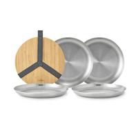 BLACK + BLUM - Set di 4 piatti da picnic in acciaio inox, con coperchio in bambù e cinghia per il trasporto