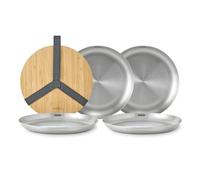 BLACK + BLUM - Set di 4 piatti da picnic in acciaio inox, con coperchio in bambù e cinghia per il trasporto