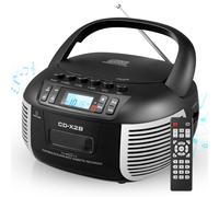 (Black) Boombox portatile Bluetooth con lettore di cassette, CD, radio FM e alimentatore da 5V.