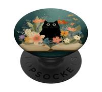 Black Cat | Amante dei libri | Nerd Book Lover | simpatico gatto floreale PopSockets PopGrip Adesivo