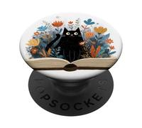 Black Cat | Amante dei libri | Nerd Book Lover | simpatico gatto floreale PopSockets PopGrip Adesivo
