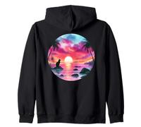 Black Cat Beach Theme Tropical Beachy Pink Sunset Beach Wave Felpa con Cappuccio