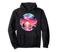 Black Cat Beach Theme Tropical Beachy Pink Sunset Beach Wave Felpa con Cappuccio