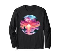 Black Cat Beach Theme Tropical Beachy Pink Sunset Beach Wave Maglia a Manica