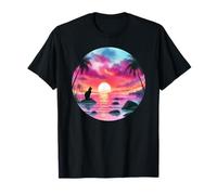 Black Cat Beach Theme Tropical Beachy Pink Sunset Beach Wave Maglietta