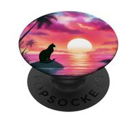 Black Cat Beach Theme Tropical Beachy Pink Sunset Beach Wave PopSockets PopGrip Adesivo