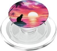 Black Cat Beach Theme Tropical Beachy Pink Sunset Beach Wave PopSockets PopGrip per MagSafe